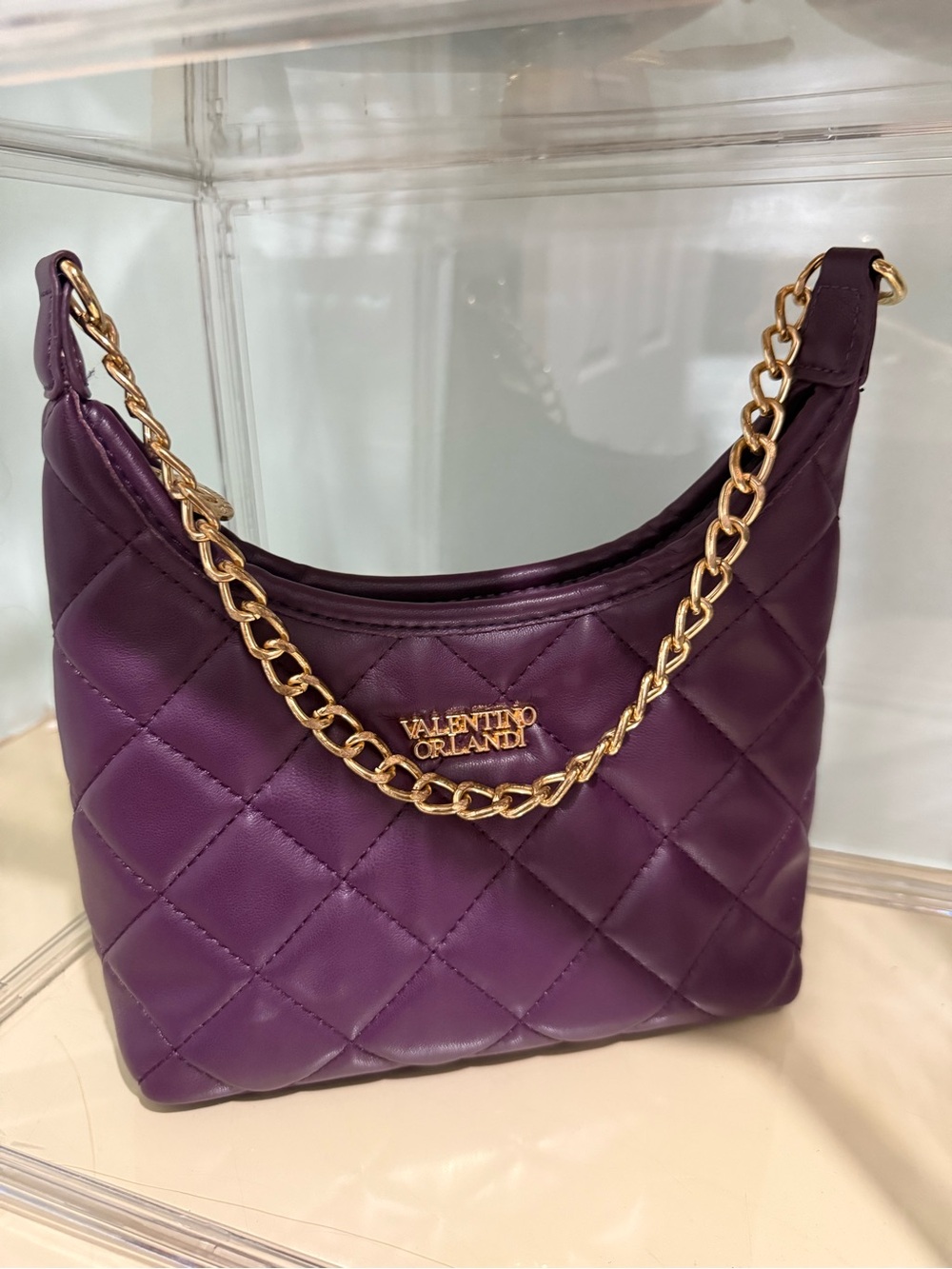 Valentino Orlandi Quilted Plum Shoulder Bag with Gold Chain Strap